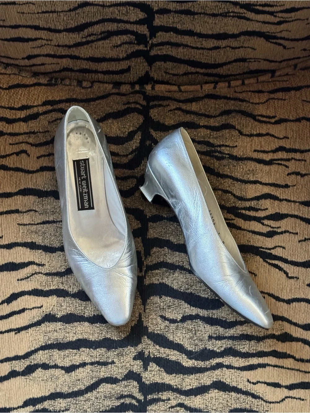Stuart Weitzman Silver Pointed-Toe Leather Pumps